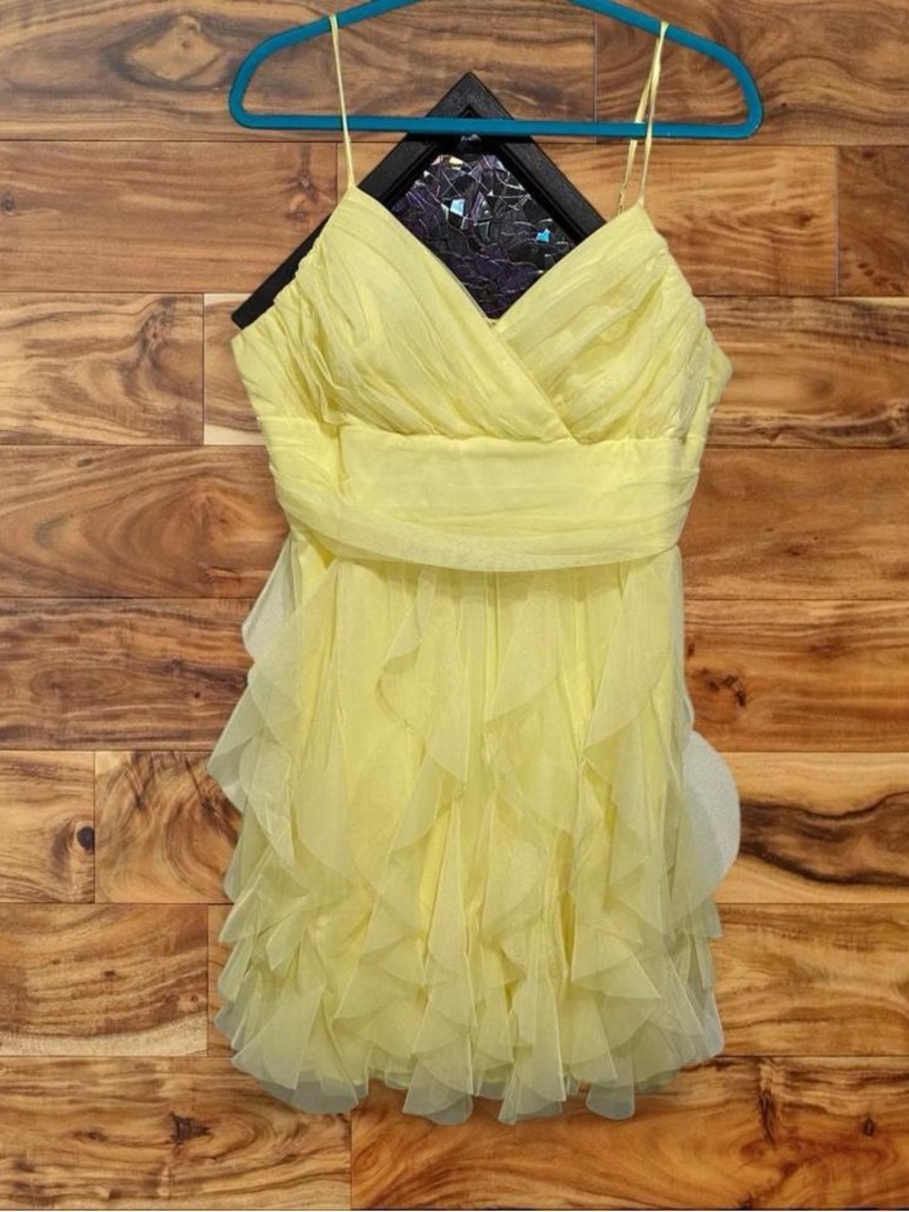 Yellow Ruffled Spaghetti-Strap Prom Dress